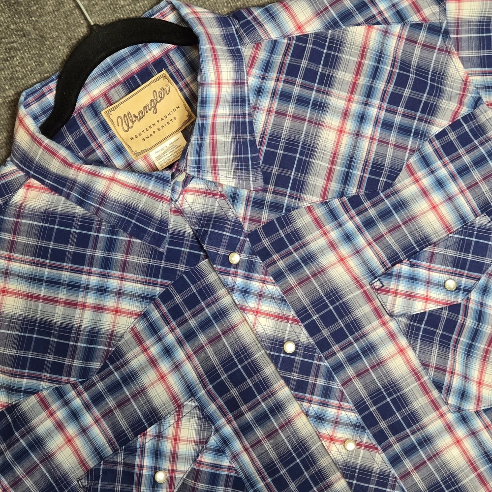 Wrangler Western Shirt Mens Size 3XL Pearl Snaps Blue Red Plaid Short Sleeves